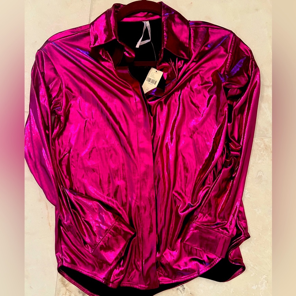 Anthropologie pink shiny button down